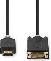 HDMI Connecteur, DVI-D 24 + 1 broches mâle, 1080p, Plaqué or, 2.00 m, Droit, PVC, Anthracite, Boite avec Fenêtre et Euro Lock
