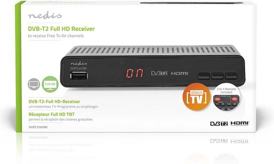 Nedis DVB-T2-Ontvanger - Free To Air (FTA) - 480i / 480p / 576i / 576p / 720p / 1080i / 1080p - H.265 - 1000 Kanalen - Ouderlijk toezicht - Elektronische programmagids - Afstandbestuurbaar - Zwart - Nedis