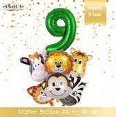 Jungle Decoratie Verjaardag Ballonnen - Hoera 9 jaar - Snoes- Nummer ballon 9 - Safari - Jungle Hoofden 6 stuks + Cijferballon Groen  & Gratis Rietje en Ballon Lint