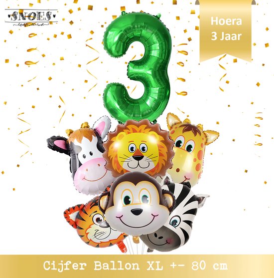 Jungle Decoratie Verjaardag Ballonnen - Hoera 3 jaar - Snoes- Nummer ballon 3 - Safari - Jungle Hoofden 6 stuks + Cijferballon Groen  & Gratis Rietje en Ballon Lint