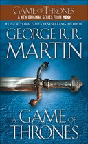 Boekomslag van A Game of Thrones door George R.R. Martin met een zilveren zwaard tegen een blauwe achtergrond.