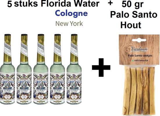 Florida Water - 5 stuks + 50 gram Vardaan Palo Santo Heilig Hout - Murray & Lanman Florida Water - 5 x 221 ml - 50 gram Palo Santo Hout - Reinigingspakket - Positieve Energie