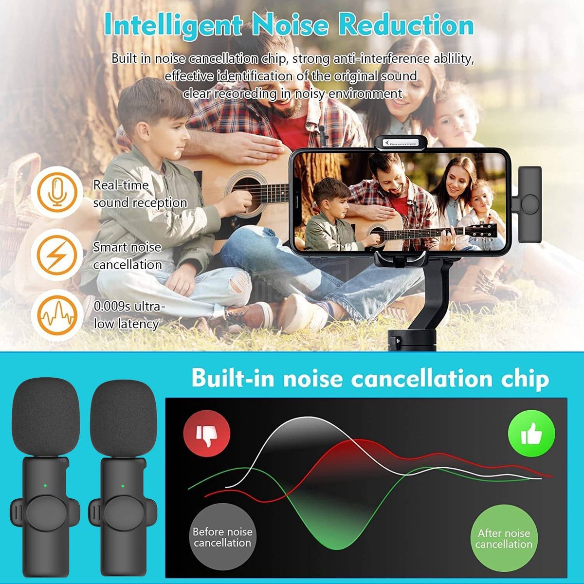 WINNES Micro-cravate sans fil pour IOS & ANDROID & Type-C, Plug & Play Mini- microphone