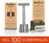 Pack Safety Razor met Stand en 100 Scheermesjes | Bambaw | Zilver | Metalen Veiligheidsscheermes | Duurzaam Geschenkset mannen en vrouwen  | Cadeau voor Feesten  |  100 Scheeremesjes | Set Cadeau voor man