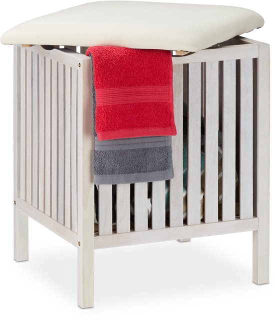 Stabiele wasmand met zitting - multifunctioneel - 1 stuk - wit/crème - hout/stof - 53x41x41 cm