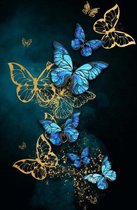 Glasschilderij Vlinders - Blauw / Goud - 'Butterfly Rituals' - 80x120cm - Abstract - Dieren - Levi Design