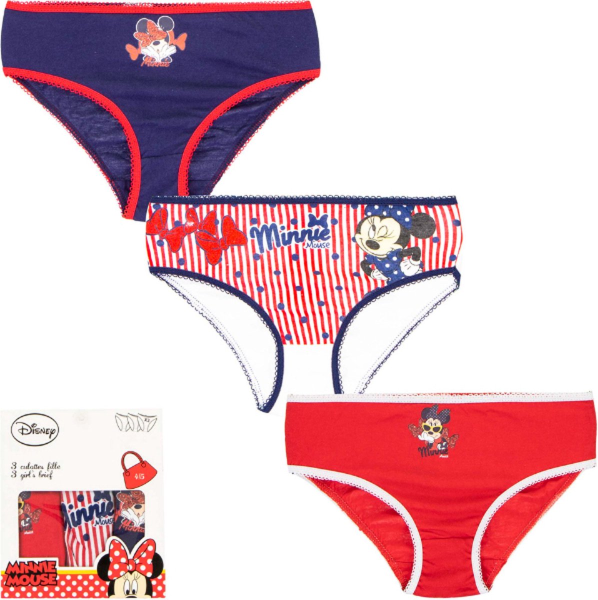 3 Pack Meisjes slips - Minnie Mouse - Marineblauw-Rood/streep-Rood - Maat 4/5 jaar