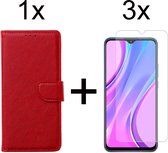 Xiaomi Redmi 9C hoesje bookcase rood wallet case portemonnee hoes cover hoesjes - 3x Xiaomi Redmi 9C screenprotector