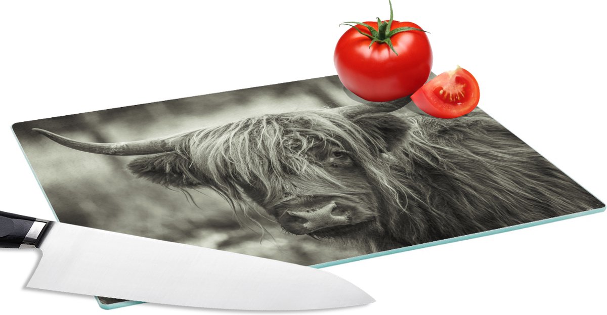 Glazen Snijplank - 28x20 - Schotse hooglander - Koeien - Zwart - Wit - Snijplanken Glas
