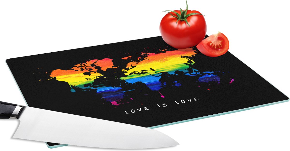 Glazen Snijplank - 28x20 - Wereldkaart - Regenboog - Liefde - Snijplanken Glas