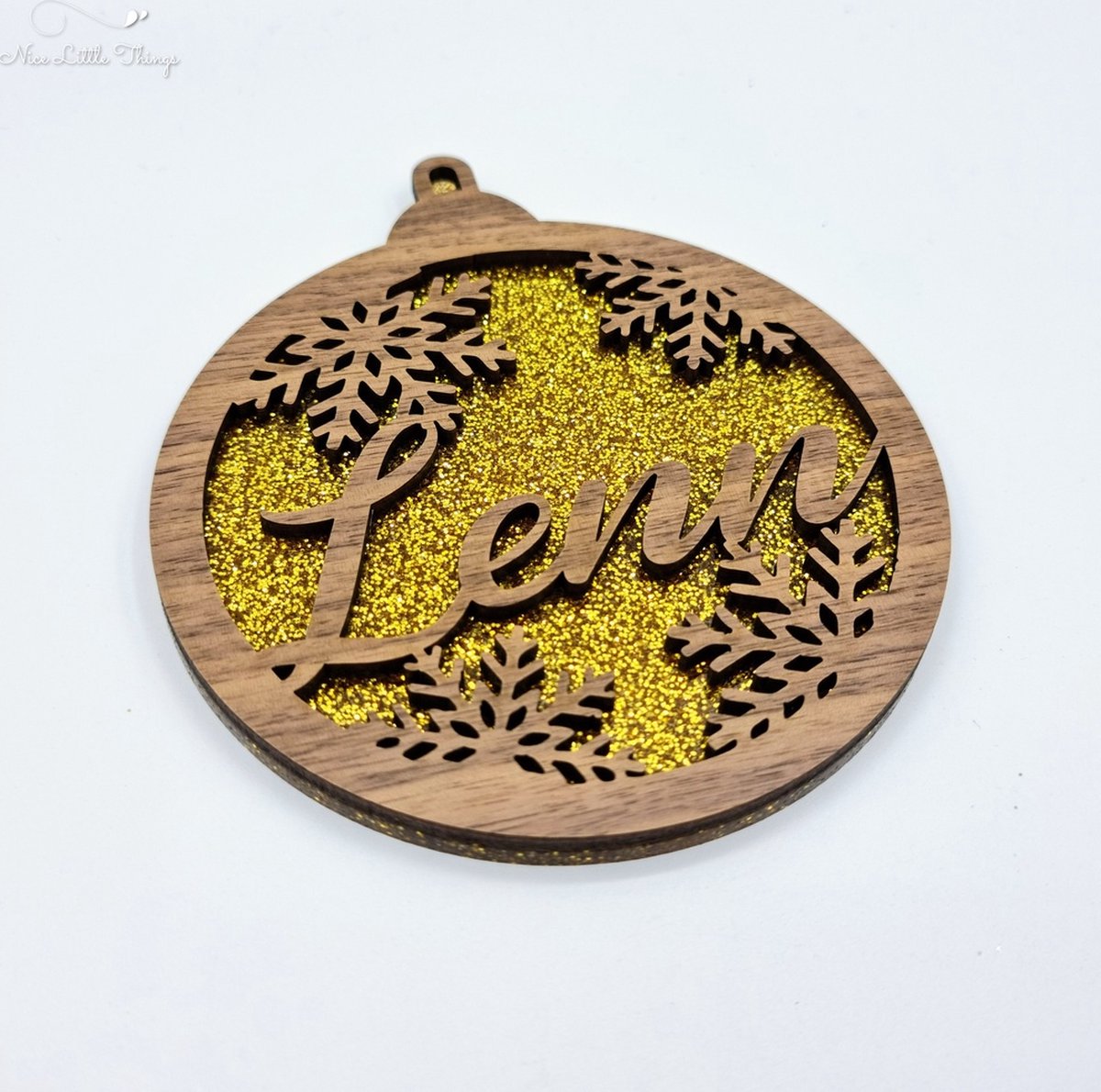 [Nice Little Things] Multilayer kerstbal glitter - Met naam - Goud - Walnoot