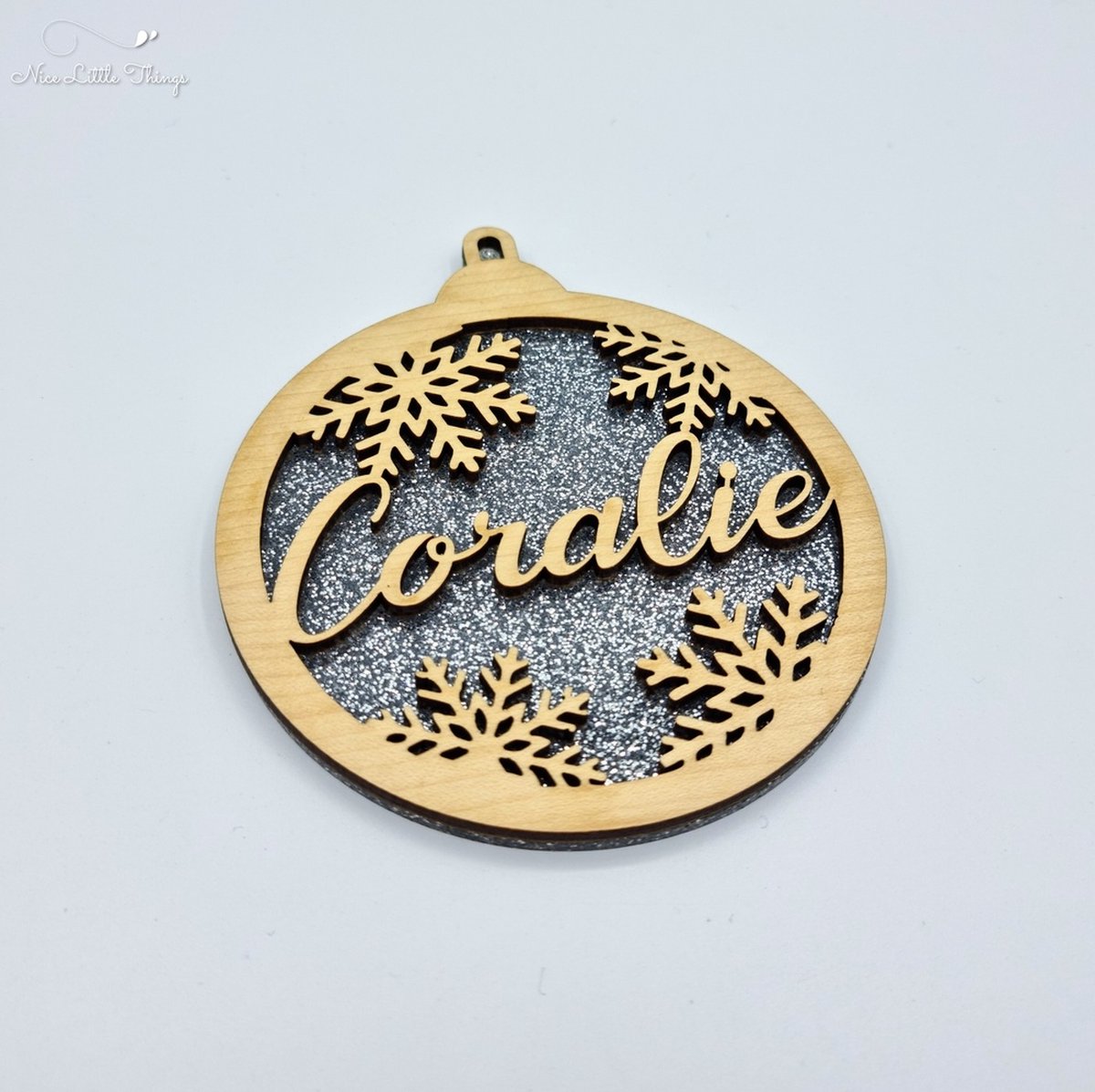 [Nice Little Things] Multilayer kerstbal glitter - Met naam - Zilver - Esdoorn