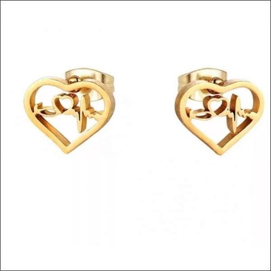 Aramat jewels ® - Zweerknopjes oorbellen hartje met hartslag goudkleurig chirurgisch staal 9mm