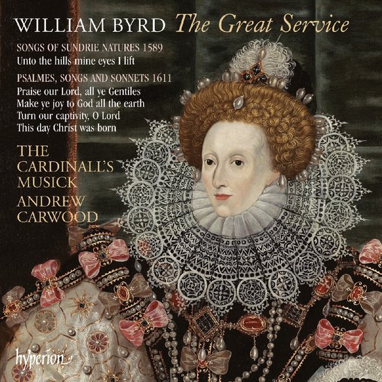 Albumcover met portret van koningin Elizabeth I, "William Byrd The Great Service" in kalligrafische tekst.