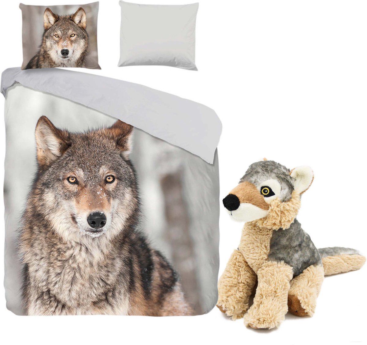 Good Morning Wolf - Flanel - Dekbedovertrek - Eenpersoons - 140x200/220 cm - incl. Pluche knuffel Wolf 24 cm