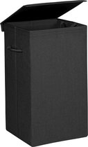wasmand 85 L, imitatielinnen wasmand, wasmand met magnetisch deksel en handvatten, opvouwbaar, waszak afneembaar, zwart HMLCB01BK