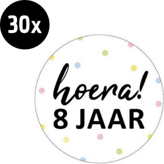 30x Sluitsticker Hoera 8 jaar! | 40 mm | Traktatiesticker Hoera | Cadeausticker | Sluitzegel | Sluitsticker | Traktatie - Verjaardag - Feest | Sticker 8e verjaardag | Kinder traktatie