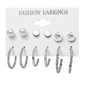 Kaartje met 6 paar oorbellen - Zilverkleurig - Ring oorbellen - Oorknopjes - Hoepel oorbellen, oorringen - Damesdingetjes