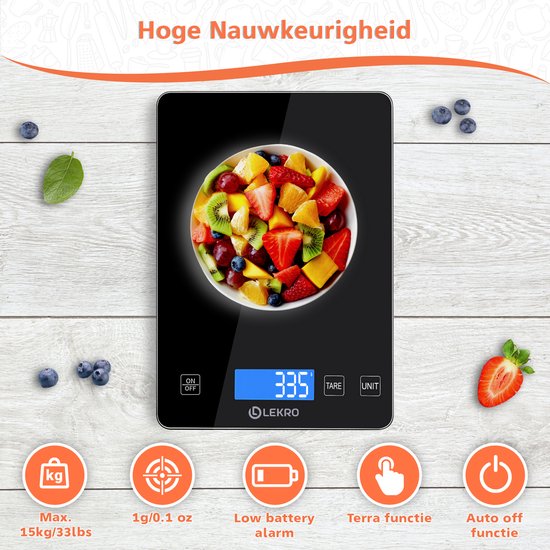 Lekro Digitale Precisie Keukenweegschaal – Weegschaal Keuken - 1gr-15kg – Tarra Functie - Zwart - Lekro