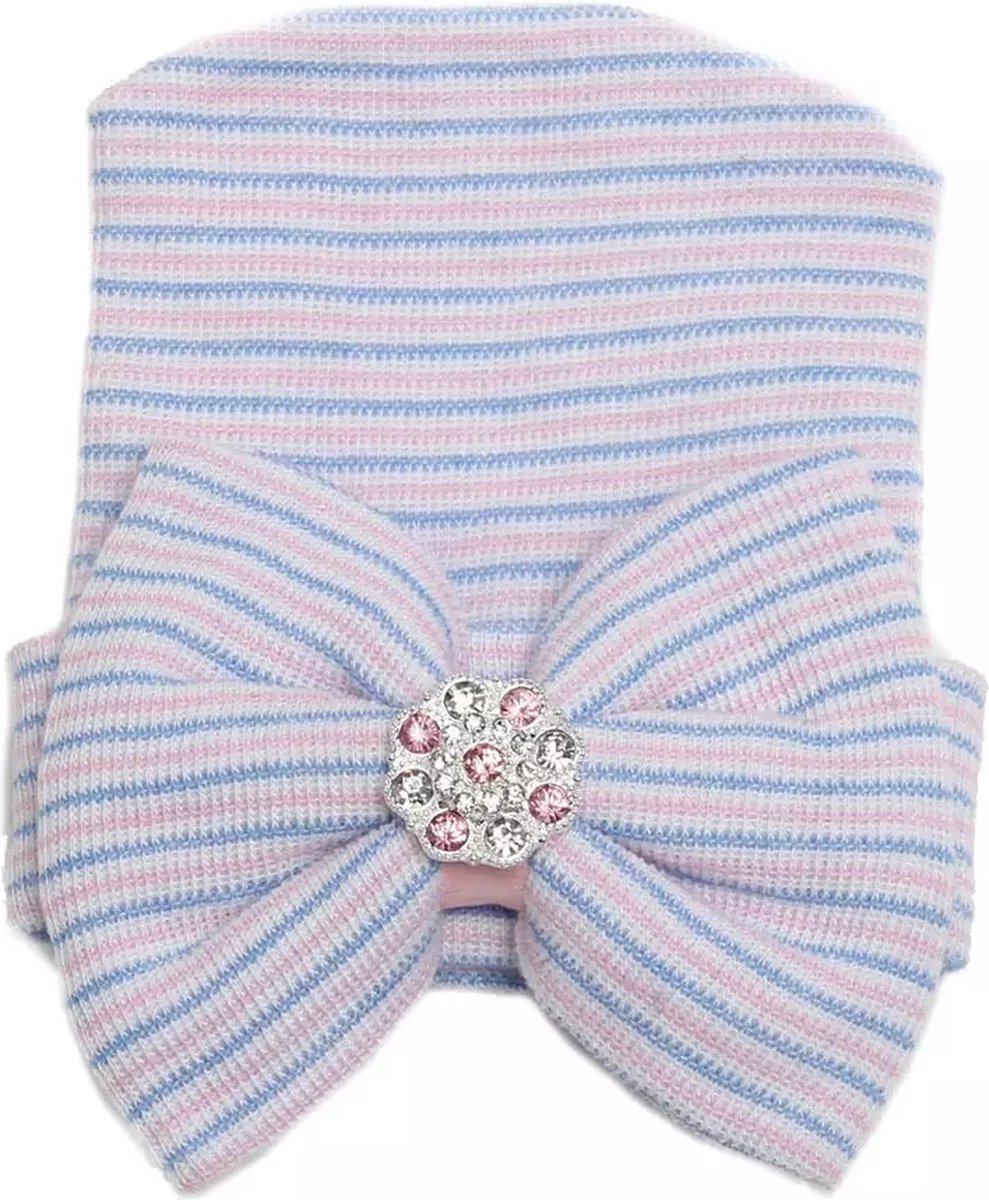 Newborn babymuts met strikje in het roze en blauw - pasgeboren - muts - baby - kind - strik - strikmuts
