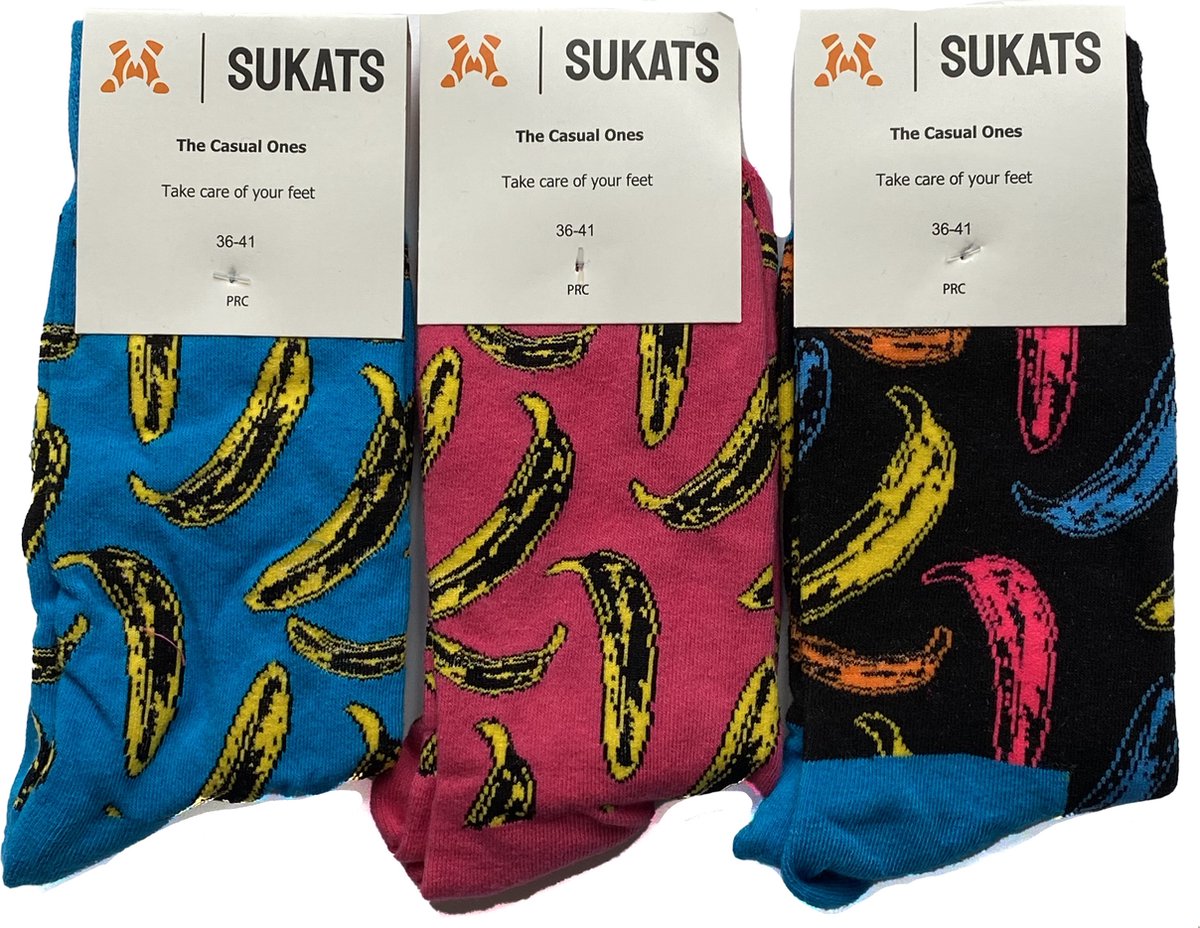 Sukats® The Casual Ones | 3 Paar | Maat 36-41 | Bananen | Dames sokken | Happy Fun Colorful Socks | Vrolijke Sokken | Grappige Sokken | Alledaagse Kousen
