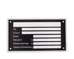 Typeplaatje voor aanhanger - aanhangwagen aluminium plaat - 125x70mm