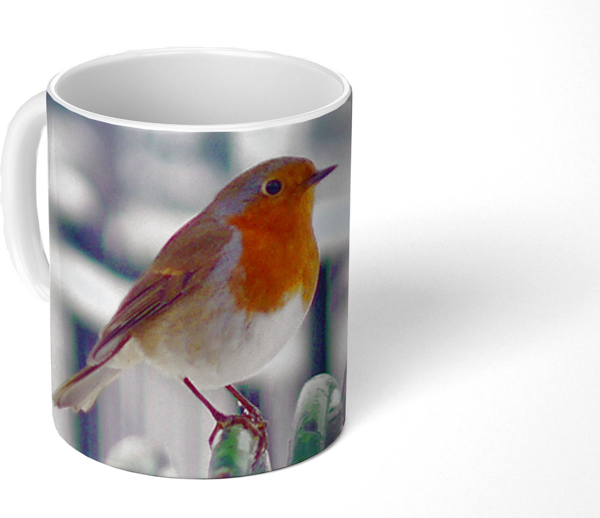 Mok - Koffiemok - Sneeuw - Roodborstje - Hek - Mokken - 350 ML - Beker - Koffiemokken - Theemok
