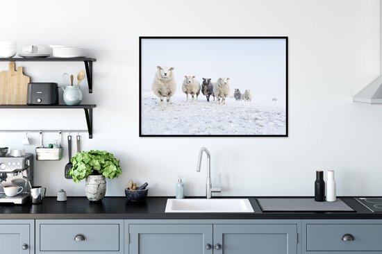 Fotolijst incl. Poster - Schaap - Wol - Sneeuw - 120x80 cm - Posterlijst