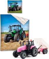 Dekbedovertrek Tractor- 140 x 200 cm - Katoen - Groen ,  incl. roze Tractor set-met licht en geluid