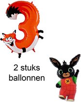ballonnen set verjaardag 3 jaar - 1 meter ballon - 2 stuks type vos en konijn - folie ballon