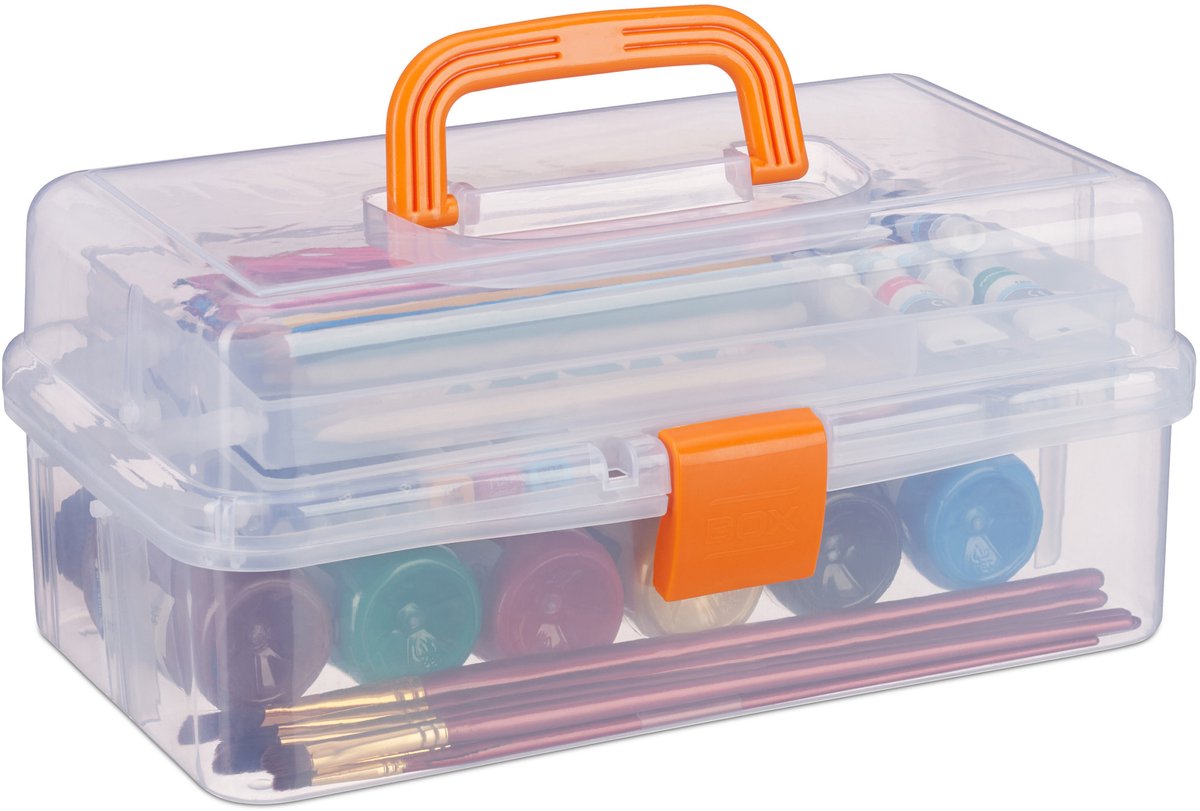 Relaxdays opbergbox met vakjes - transparante opbergdoos - 9 vakken - assortimentsdoos - Oranje