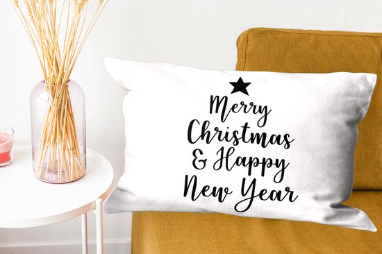Sierkussens - Kussentjes Woonkamer - 60x40 cm - Kerst quote "Merry Christmas & Happy New Year" tegen een witte achtergrond - Kerstversiering - Kerstdecoratie voor binnen - Woonkamer