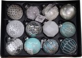 12x Oneiro's luxe kerstballen DELUXE Blauw/wit 2.0 – ø70 mm- kerstbal - luxe verpakking – kerstcollectie – kerstdecoratie – kerstboomhanger – kerstversiering