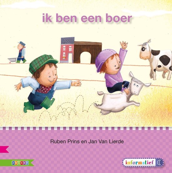 Illustratie van 'ik ben een boer'. Een jongen met groene laarzen en pet, een meisje op een geit, en een koe.