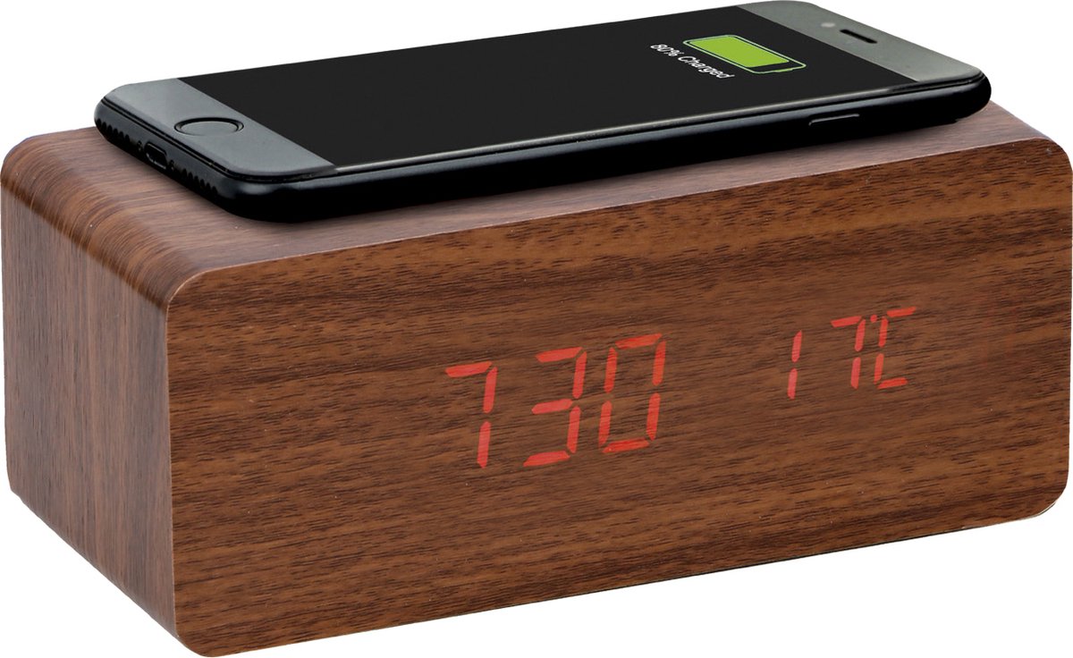 MrHandsfree - DAC-100 - Woodline Digitale Alarmklok met Draadloze Smartphone Lader - Bruin