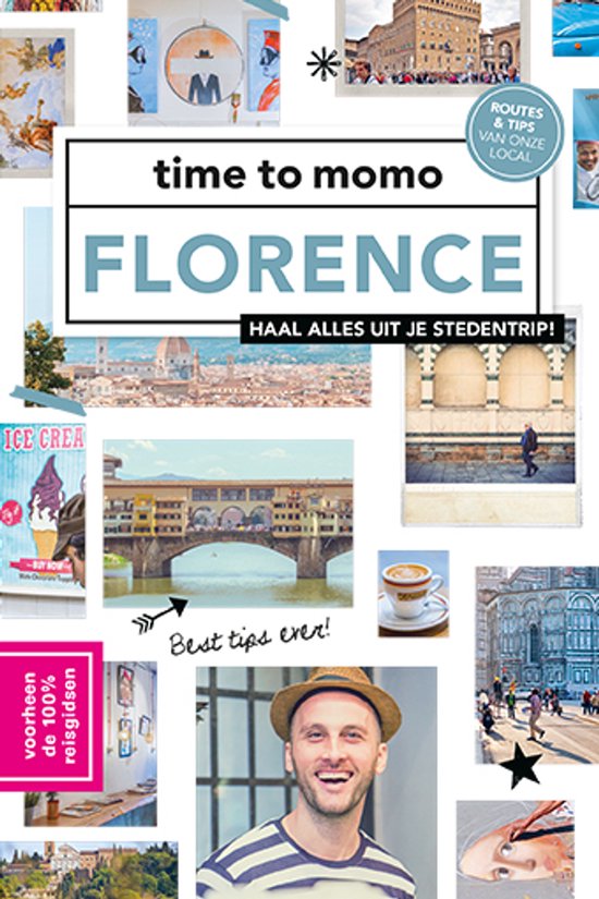 Collage met foto's van Florence: "time to momo" boek, Ponte Vecchio, Davidbeeld, café, man met hoed.