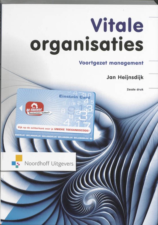 Boekomslag "Vitale organisaties" met "Voortgezet management" door Jan Heijnsdijk. De kaft is blauw met een patroon van wervelende lijnen en een blauwe 'Einstein Card'.