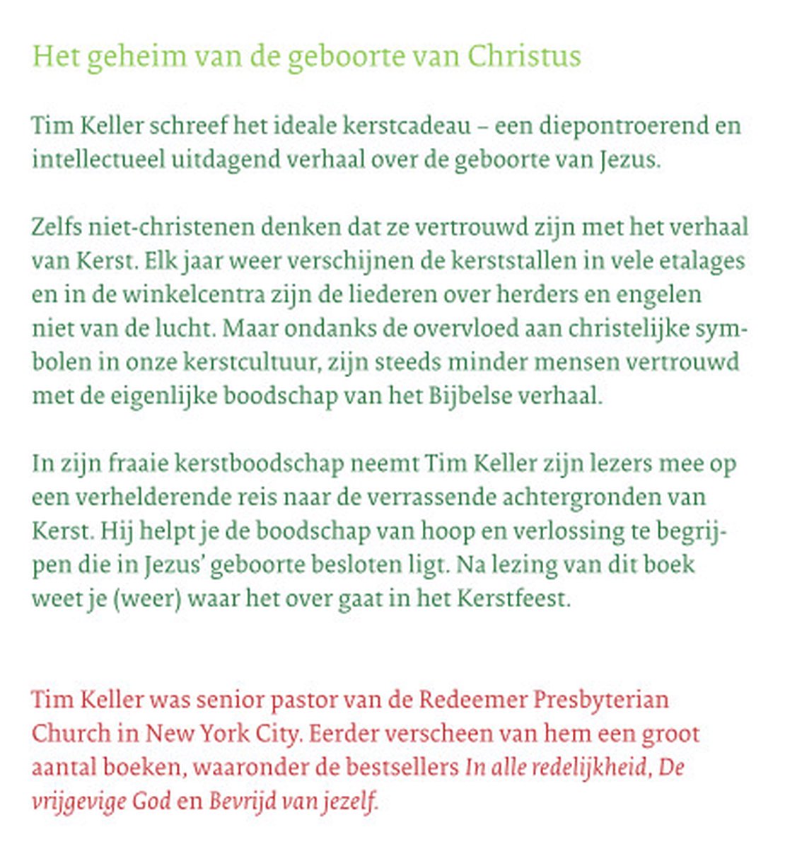 Tekst over Tim Keller's kerstboodschap: "Het geheim van de geboorte van Christus".