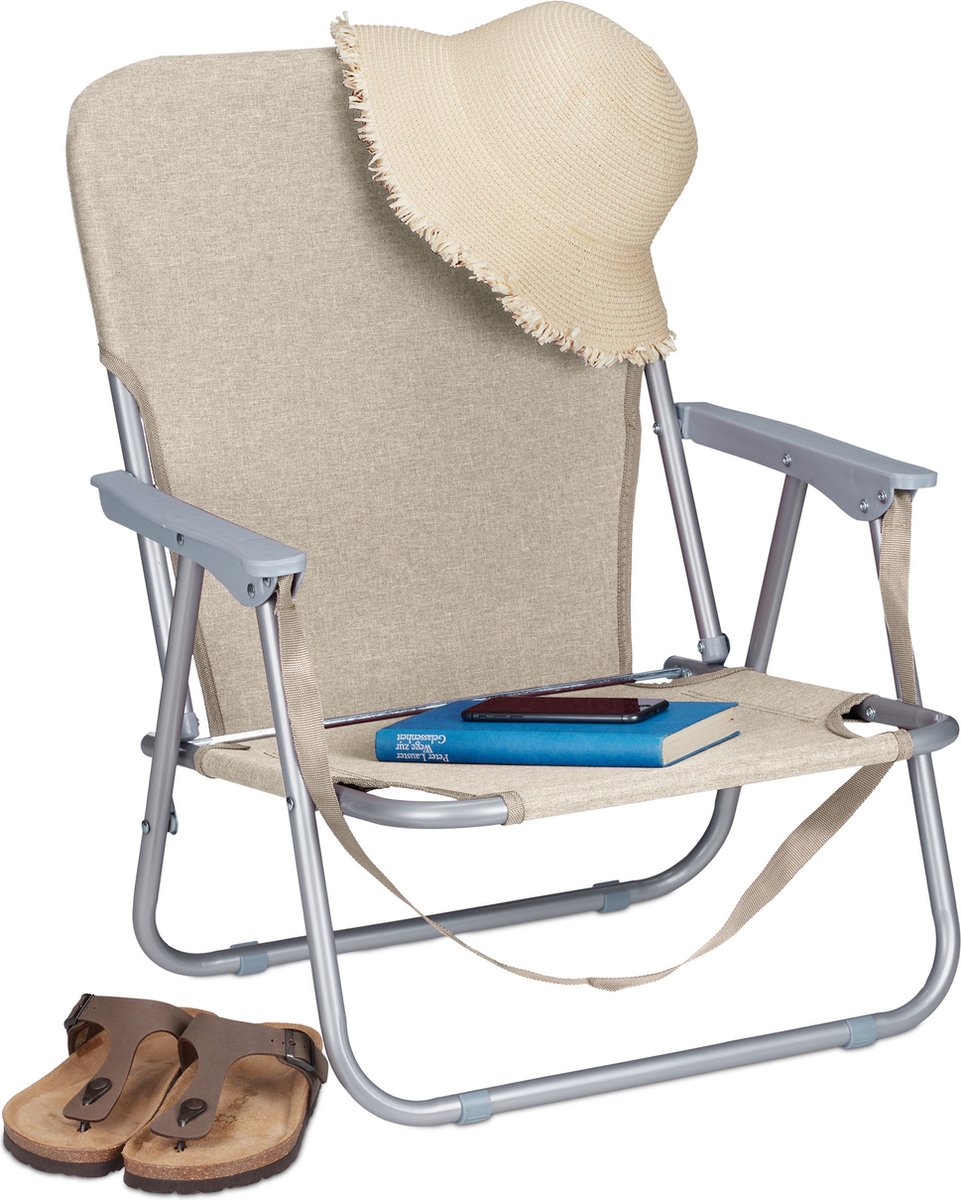 Relaxdays strandstoel opvouwbaar - set van 2 - lage campingstoel - kampeerstoel leuning - beige