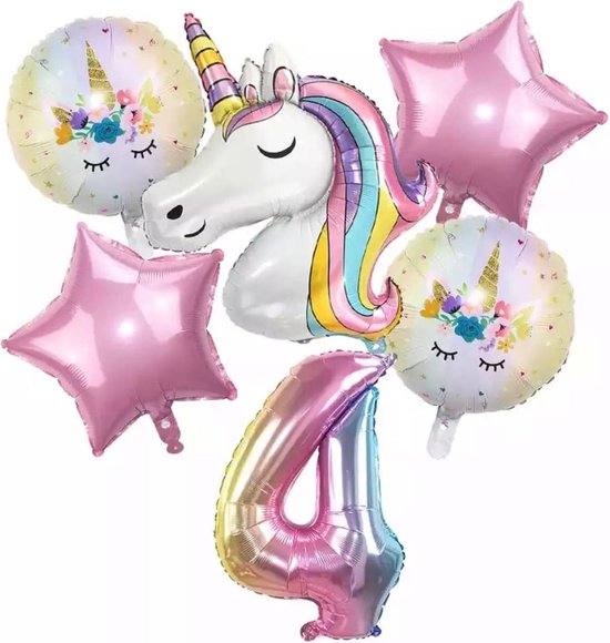 Eenhoorn ballonnen Verjaardagsfeestje Decoraties-Nummer 4-Set van 6 Stuks Unicorn-32 inch nummer