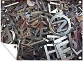 Tuin decoratie Metalen letters op een stapel - 40x30 cm - Tuindoek - Buitenposter
