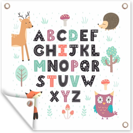 Tekening alfabet met blije bosdieren
