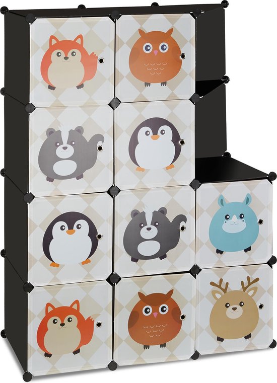 kinderkamer kast met diermotieven - kunststof - steeksysteem - deuren - kledingkast - roede - kleurrijk