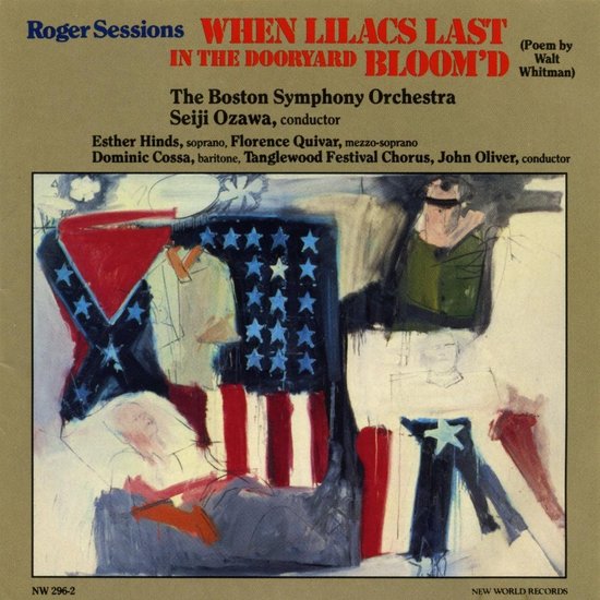Albumhoes met abstracte, expressionistische kunst in rood, wit, blauw en zwart. Titel: Roger Sessions WHEN LILACS LAST IN THE DOORYARD BLOOM'D. Boston Symphony Orchestra, Seiji Ozawa, conductor.