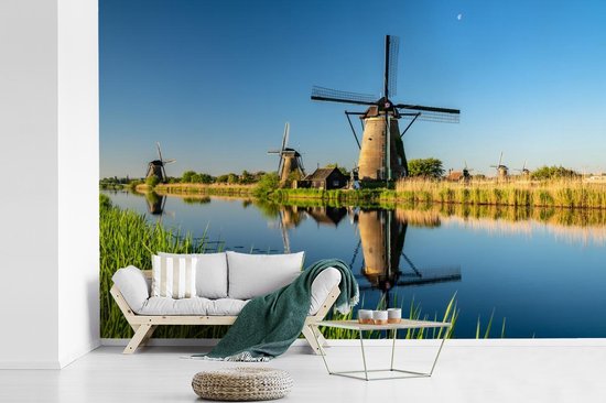 Papier peint - Papier peint Papier peint photo Clear Day aux moulins à vent de Kinderdijk aux Pays- Nederland - Largeur 525 cm x Hauteur 350 cm