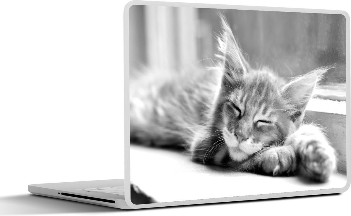 Afbeelding van product SleevesAndCases  Laptop sticker - 11.6 inch - Oranje Maine coon kat ligt in de vensterbank - zwart wit