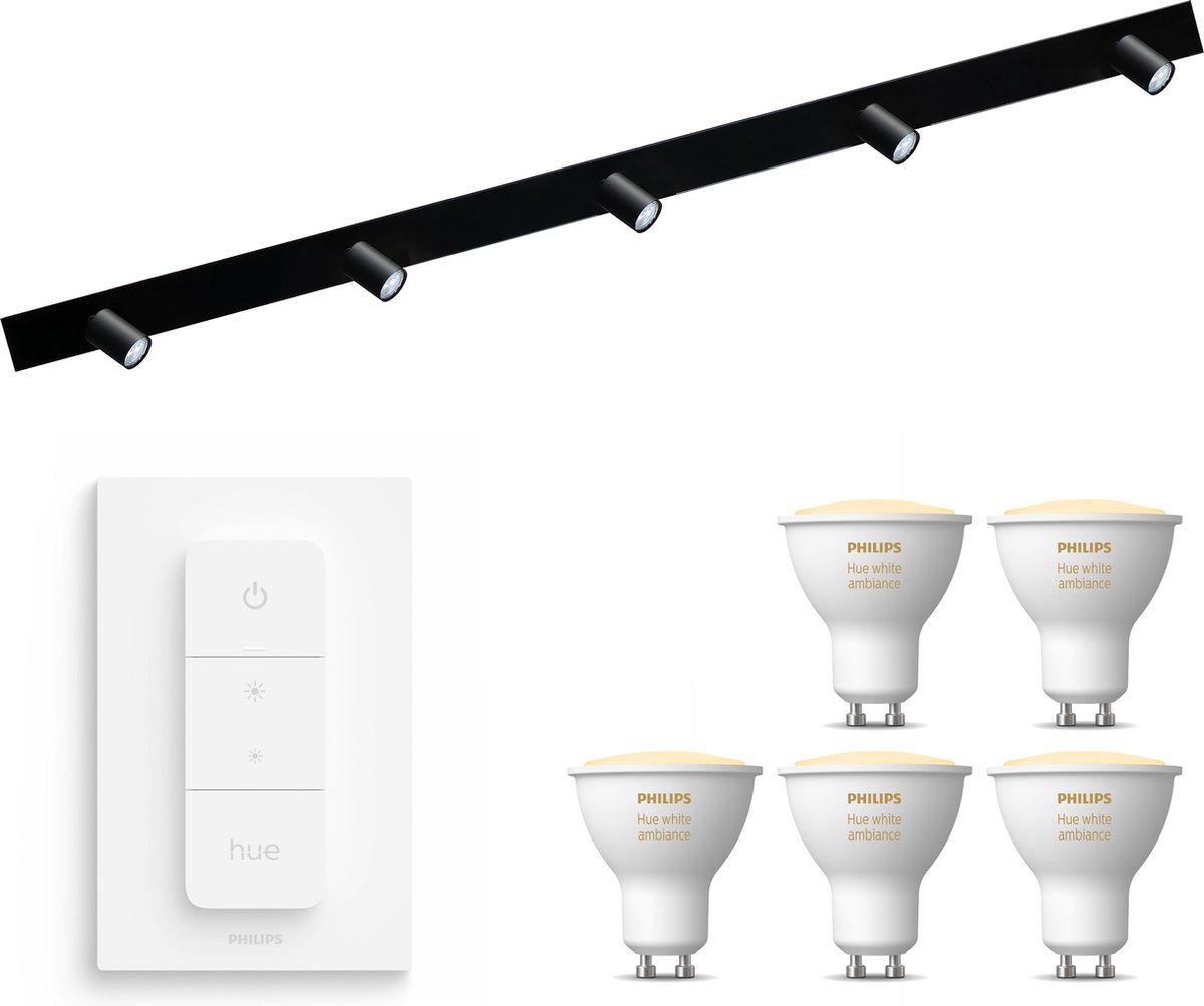 Masterlight Bounce Opbouwspot met Philips Hue White Ambiance GU10 & Dimmer Switch - Spotjes Opbouw - 5 Lichtpunten - Bluetooth - Zwart