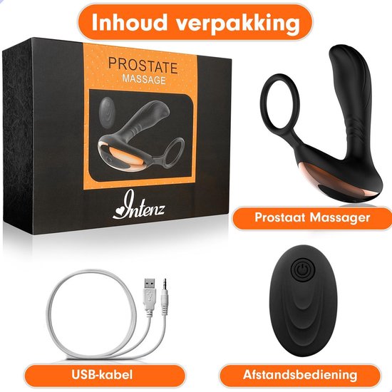 Verpakking en inhoud van de prostaat vibrator: vibrator, afstandsbediening en USB-kabel.