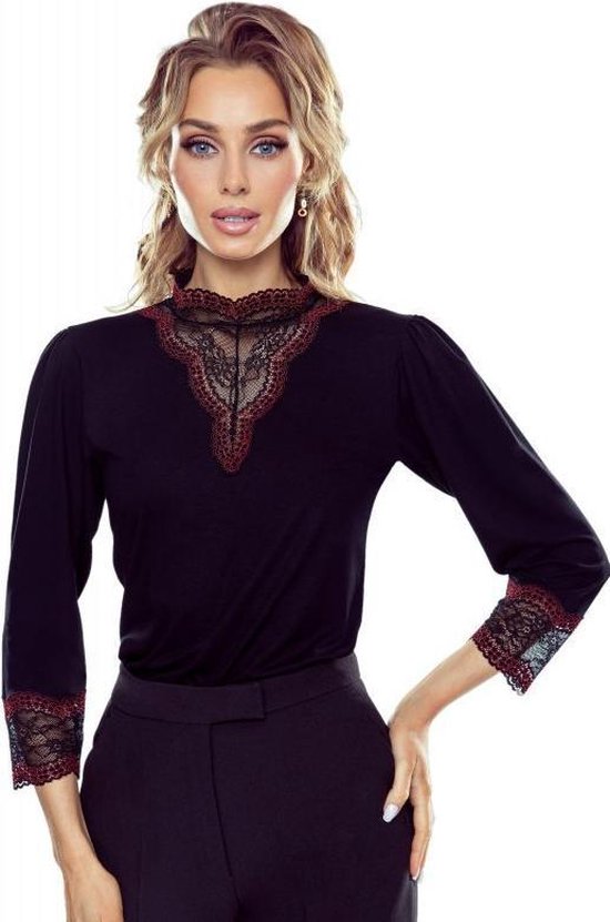 Foto: Eldar agnis stijvolle damesblouse met kant op de hals en mouwen zwart rood korting sale s