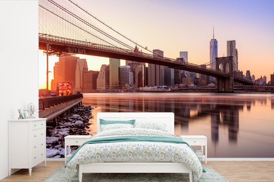 Papier peint photo peint photo vinyle - Ciel coloré au-dessus du Bridge de Brooklyn de New York largeur 600 cm x hauteur 400 cm - Tirage photo sur papier peint (disponible en 7 tailles)
